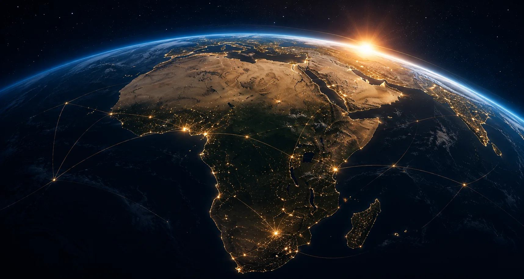 Vue orbitale de l’Afrique de nuit, parcourue de connexions lumineuses, au lever du soleil.
