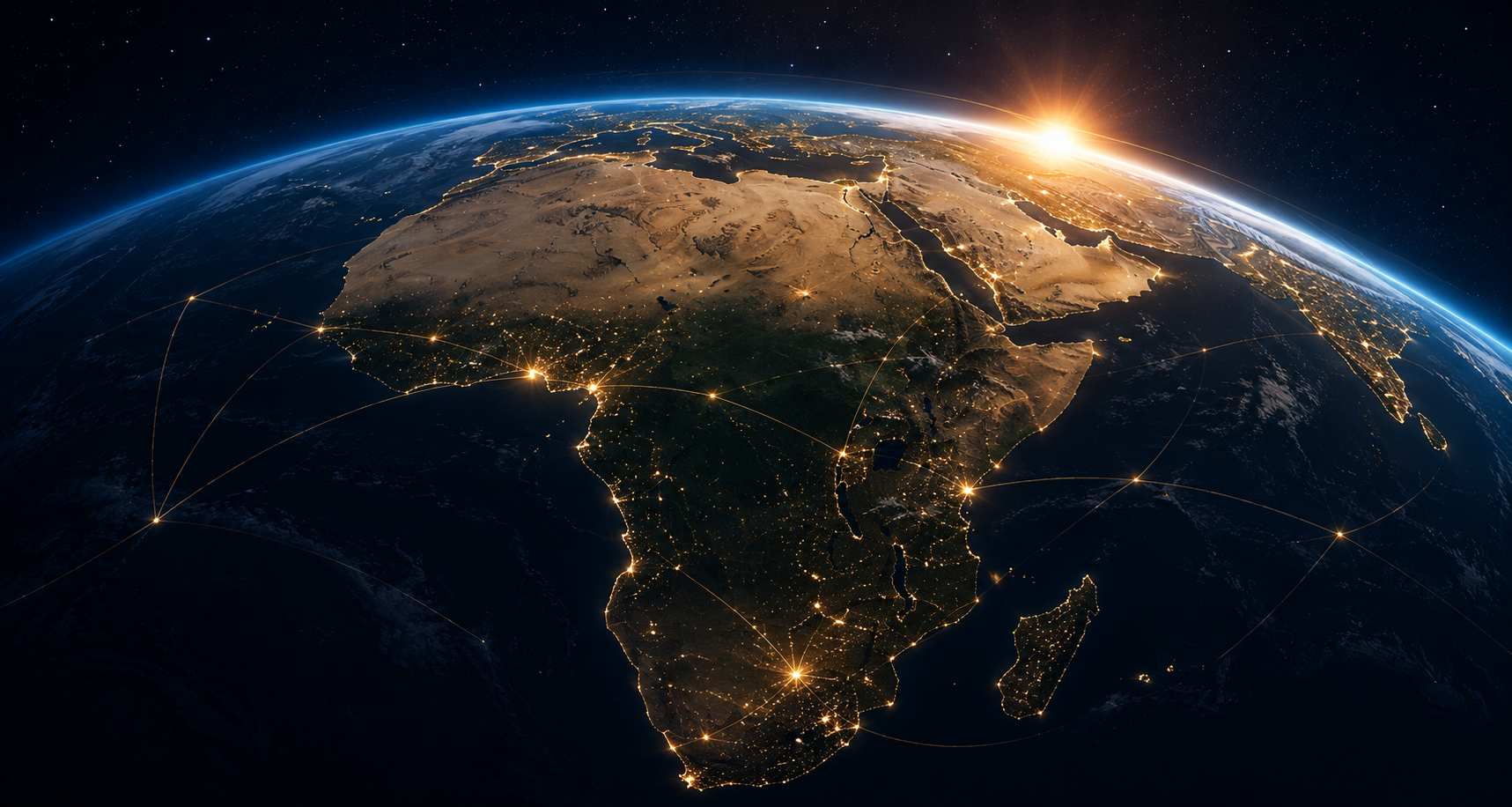 Vue orbitale de l’Afrique de nuit, parcourue de connexions lumineuses, au lever du soleil.
